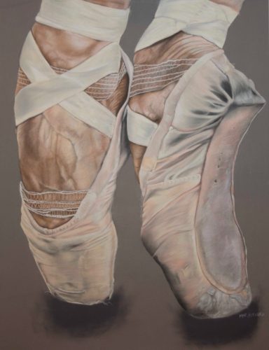 "Cuadro  realizado en pastel seco. Dibujo de zapatillas de ballet en puntas. Realizado por Cuchiart by Mar Botonero"