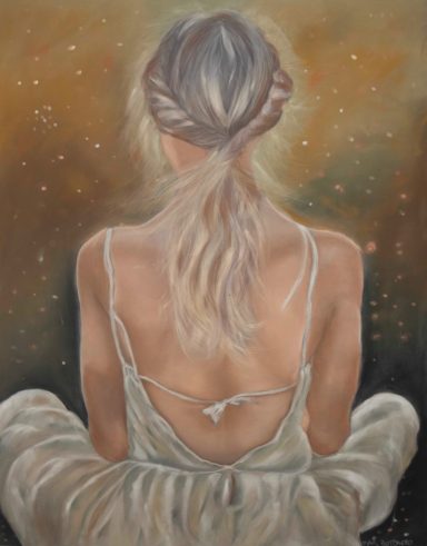 "Cuadro  realizado en pastel seco. Dibujo de una mujer de espladas meditando. Realizado por Cuchiart by Mar Botonero"