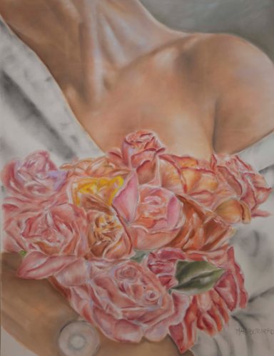 "Cuadro  realizado en pastel seco. Dibujo de un escote de mujer con flores en el pecho. Realizado por Cuchiart by Mar Botonero"