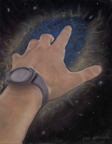 "Cuadro  realizado en pastel seco. Dibujo de una mano tocando el universo. Realizado por Cuchiart by Mar Botonero"