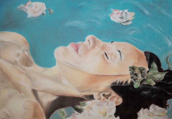 "Cuadro  realizado en pastel seco. Dibujo de la cara de una mujer flotando en el agua. Realizado por Cuchiart by Mar Botonero"