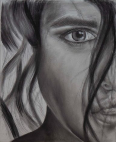 "Cuadro  realizado en carboncillo. Dibujo de un media cara de mujere. Realizado por Cuchiart by Mar Botonero"
