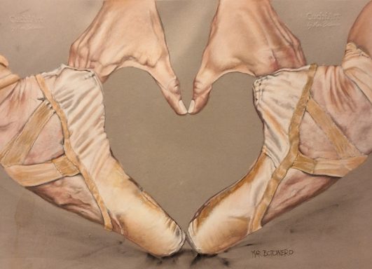 "Cuadro  realizado en pastel seco. Dibujo de zapatillas de ballet, haciendo un corazón con las manos.Realizado por Cuchiart by Mar Botonero"