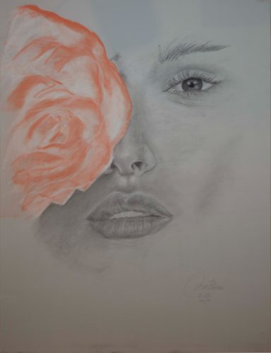 "Cuadro  realizado a carboncillo y pastel seco. Dibujo de una cara con una flor en media cara. Realizado por Cuchiart by Mar Botonero"
